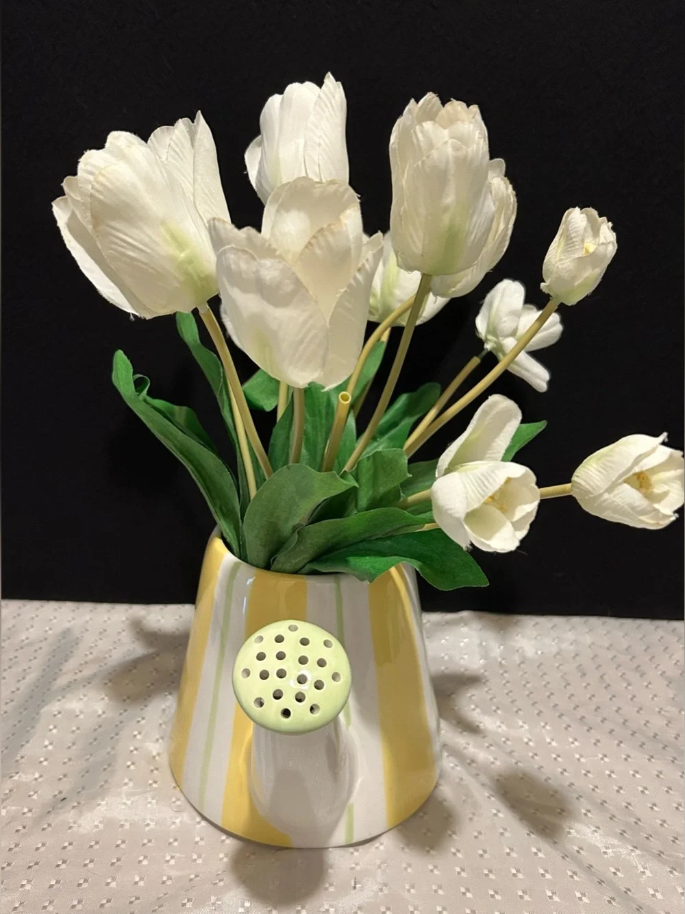 White Yellow And Green Striped Ceramic Watering Can Vase With Faux Tulips